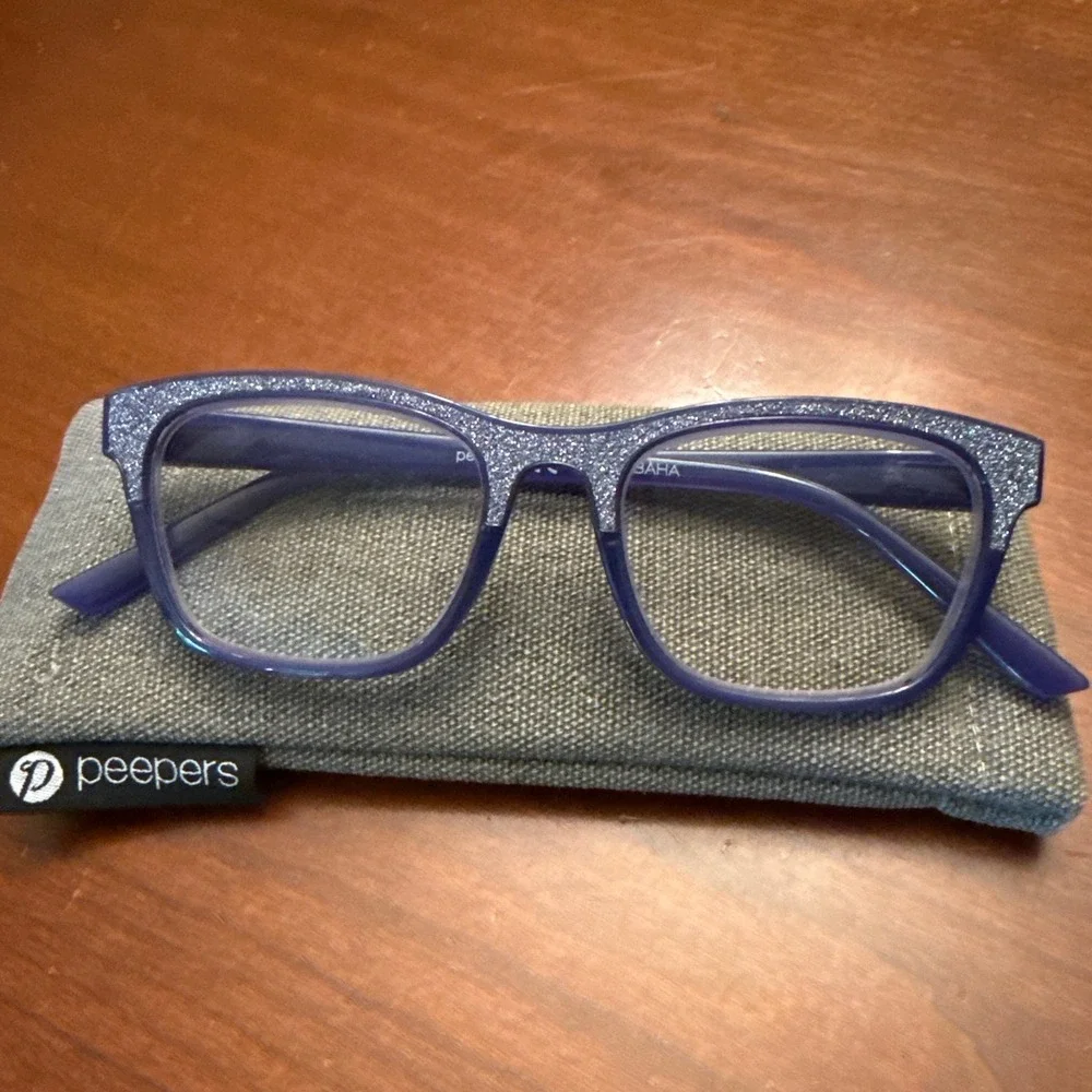 Peepers +1.25 reading glasses Foxy Mama blue glitter sparkle with case EUC